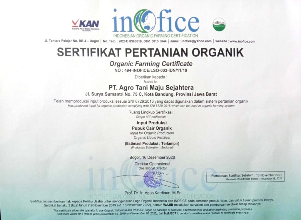 Sertifikat Inofice, Sertifikat Pertanian Organik, acele, acele indonesia, pupuk cair, pupuk cair organik